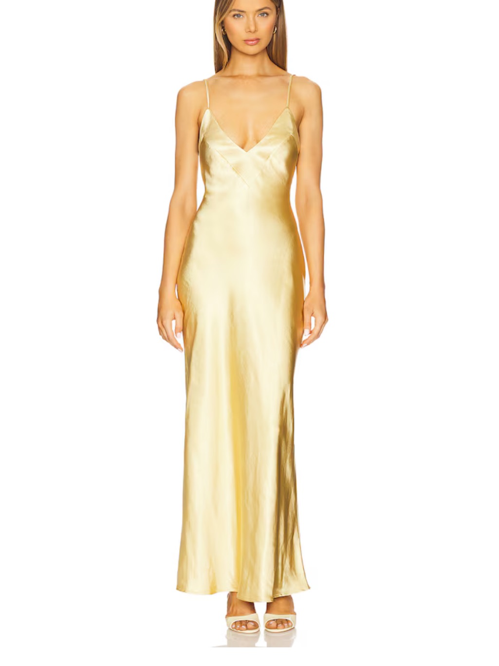 Gold Satin Slip Maxi Dress With Spaghetti Straps